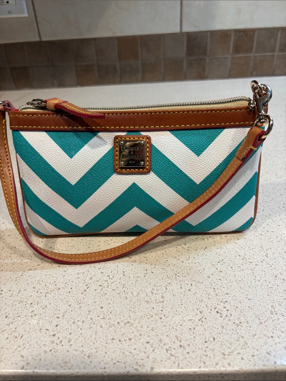 Dooney & Bourke Teal and White Chevron Leather Wristlet with Tan Trim Like New!